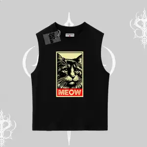 Meow Yazılı Kedi Portre Baskılı Kolsuz Tshirt