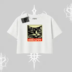 Meow Yazılı Kedi Portre Baskılı Oversize Crop Tshirt