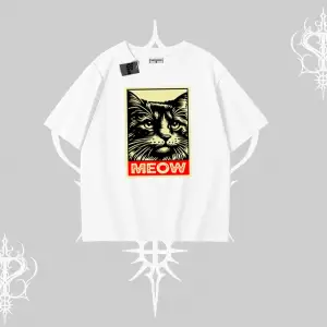Meow Yazılı Kedi Portre Baskılı Oversize Tshirt