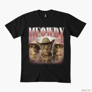 Meowdy Kovboy Kedi T-shirt Erkek Kadın % 100% Pamuklu Tişörtler 3XS-3XL Üstler 1224-3