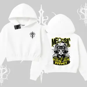 Meowsic Purrfect Kedi Arka Baskılı Kapşonlu Crop Sweatshirt