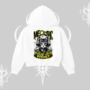 Meowsic Purrfect Kedi Arka Baskılı Kapşonlu Crop Sweatshirt