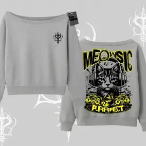 Meowsic Purrfect Kedi Arka Baskılı Kayık Yaka Sweatshirt