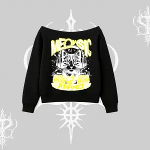 Meowsic Purrfect Kedi Arka Baskılı Kayık Yaka Sweatshirt