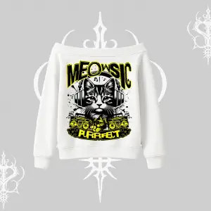 Meowsic Purrfect Kedi Arka Baskılı Kayık Yaka Sweatshirt