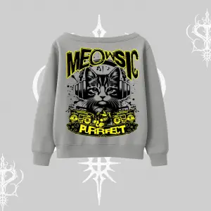 Meowsic Purrfect Kedi Arka Baskılı Kayık Yaka Sweatshirt