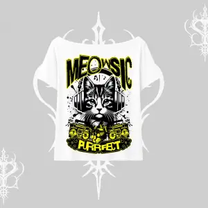 Meowsic Purrfect Kedi Arka Baskılı Kayık Yaka Tshirt