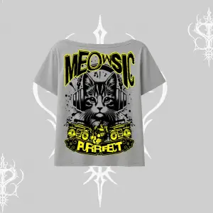 Meowsic Purrfect Kedi Arka Baskılı Kayık Yaka Tshirt