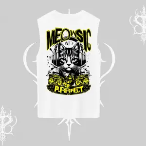 Meowsic Purrfect Kedi Arka Baskılı Kolsuz Tshirt
