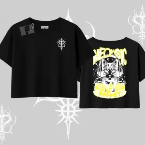 Meowsic Purrfect Kedi Arka Baskılı Oversize Crop Tshirt