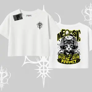 Meowsic Purrfect Kedi Arka Baskılı Oversize Crop Tshirt