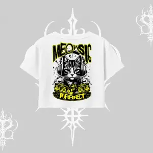 Meowsic Purrfect Kedi Arka Baskılı Oversize Crop Tshirt