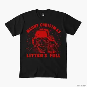Meowy Christmas Litters Full Ugly Christmas T-shirt Erkekler Kadınlar için % 100% Pamuklu Ti