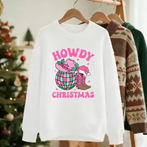 Merhaba Noel Pembe Çizmeler Baskılı Sweatshirtler Kadınlar İçin Bol Basit Kapüşonlu Sweatshir