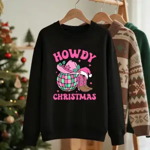 Merhaba Noel Pembe Çizmeler Baskılı Sweatshirtler Kadınlar İçin Bol Basit Kapüşonlu Sweatshir
