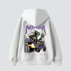 Metallica Mor Sırt Baskılı Beyaz Oversize Kapüşonlu