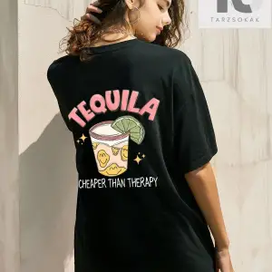 Meyve Suyu Ve Harf Grafikli Düşük Omuz Oversize Tişört