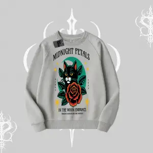 Midnight Petals Kedi Baskılı Biskilet Sweatshirt