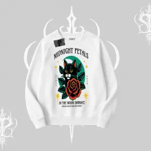 Midnight Petals Kedi Baskılı Biskilet Sweatshirt