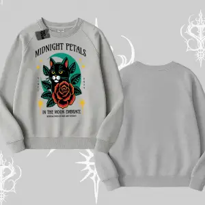 Midnight Petals Kedi Baskılı Biskilet Sweatshirt