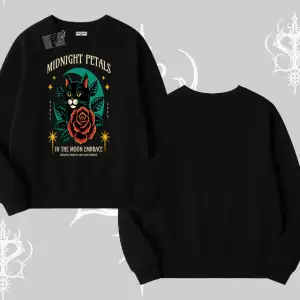 Midnight Petals Kedi Baskılı Biskilet Sweatshirt