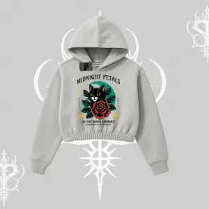 Midnight Petals Kedi Baskılı Kapşonlu Crop Sweatshirt