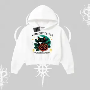 Midnight Petals Kedi Baskılı Kapşonlu Crop Sweatshirt