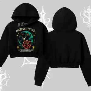 Midnight Petals Kedi Baskılı Kapşonlu Crop Sweatshirt