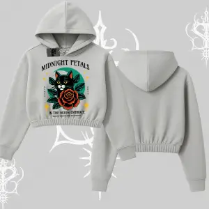 Midnight Petals Kedi Baskılı Kapşonlu Crop Sweatshirt