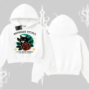 Midnight Petals Kedi Baskılı Kapşonlu Crop Sweatshirt