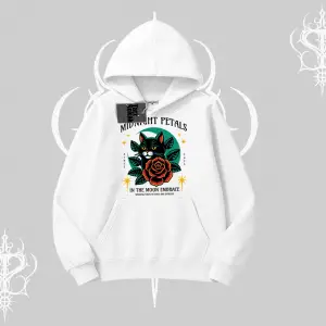 Midnight Petals Kedi Baskılı Kapşonlu Sweatshirt