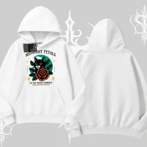 Midnight Petals Kedi Baskılı Kapşonlu Sweatshirt