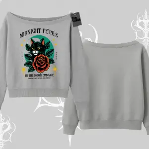 Midnight Petals Kedi Baskılı Kayık Yaka Sweatshirt