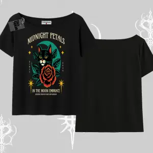Midnight Petals Kedi Baskılı Kayık Yaka Tshirt