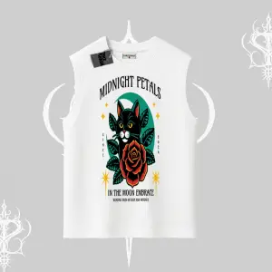 Midnight Petals Kedi Baskılı Kolsuz Tshirt