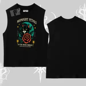 Midnight Petals Kedi Baskılı Kolsuz Tshirt