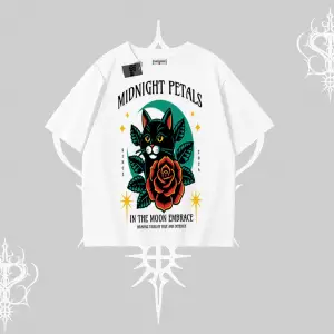 Midnight Petals Kedi Baskılı Oversize Tshirt