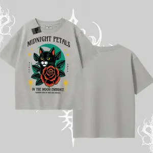 Midnight Petals Kedi Baskılı Oversize Tshirt