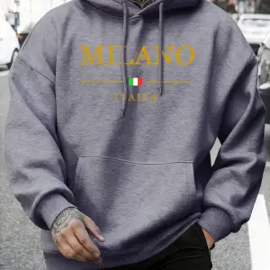 Milano Italia Baskı Sonbahar Modası Kapüşonlu Üst Erkek Temel Giyim Günlük Tişörtler Rahat Po