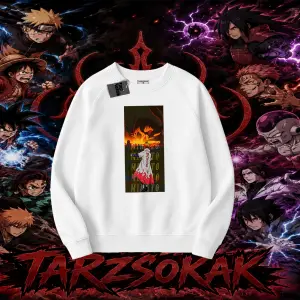 Minato Namikaze Naruto Anime Karakteri Oversize Unisex Bisiklet Yaka Sweatshirt Beyaz