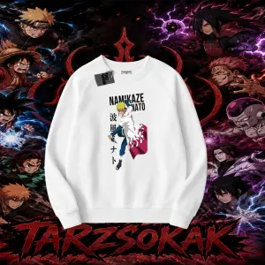 Minato Namikaze Naruto Anime Karakteri Oversize Unisex Bisiklet Yaka Sweatshirt Beyaz