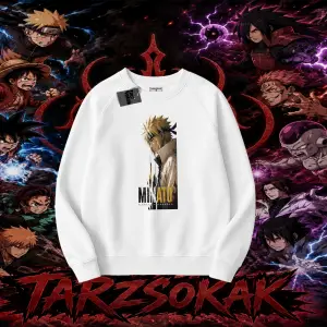 Minato Namikaze Naruto Anime Karakteri Oversize Unisex Bisiklet Yaka Sweatshirt Beyaz