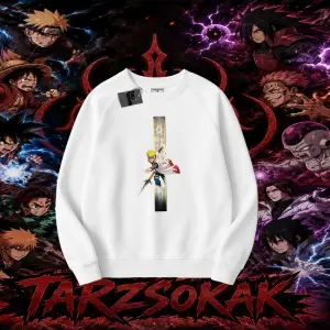 Minato Namikaze Naruto Anime Karakteri Oversize Unisex Bisiklet Yaka Sweatshirt Beyaz