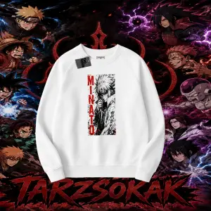 Minato Namikaze Naruto Anime Karakteri Oversize Unisex Bisiklet Yaka Sweatshirt Beyaz