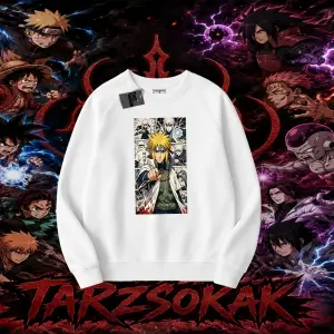Minato Namikaze Naruto Anime Karakteri Oversize Unisex Bisiklet Yaka Sweatshirt Beyaz