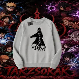 Minato Namikaze Naruto Anime Karakteri Oversize Unisex Bisiklet Yaka Sweatshirt Beyaz