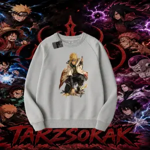 Minato Namikaze Naruto Anime Karakteri Oversize Unisex Bisiklet Yaka Sweatshirt Beyaz