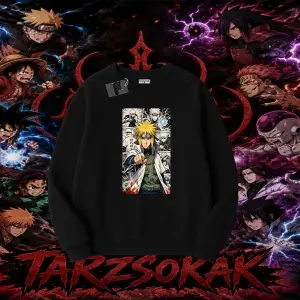 Minato Namikaze Naruto Anime Karakteri Oversize Unisex Bisiklet Yaka Sweatshirt Beyaz