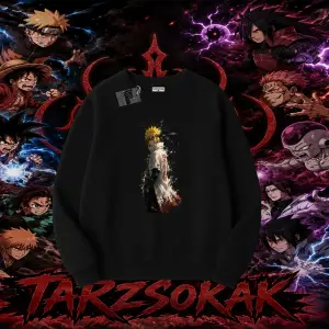 Minato Namikaze Naruto Anime Karakteri Oversize Unisex Bisiklet Yaka Sweatshirt Beyaz
