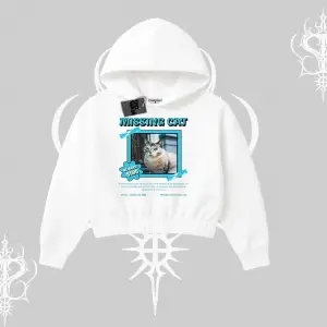Missing Cat Baskılı Kapşonlu Crop Sweatshirt